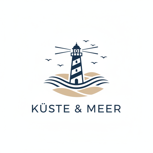 Du bist ein erfahrener Brand- & Logo-Designer mit Schwerpunkt auf nordischem, minimalistischem Design und maritimer Ästhetik.
Erstelle ein hochwertiges, zeitloses Logo für die Marke „Küste & Meer“.
Das Logo soll nordisch-minimalistisch wirken und eine ruhige, maritime Stimmung vermitteln.
Integriere stilisiert und reduziert folgende Elemente:

Leuchtturm (als zentrales Symbol, Orientierung, Beständigkeit)

Meer mit sanften Wellen

Dünenlandschaft

Möwen (luftig, frei, dezent)